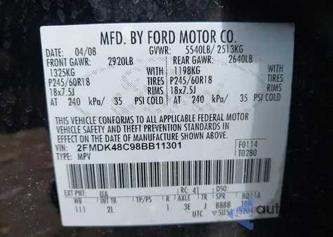 2008 Ford Edge Sel from USA, damaged, VIN 2FMDK48C98BB11301